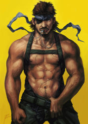 Rule 34 | 1boy, abs, bara, bare pectorals, beard, big boss, brown hair, chest harness, clothes pull, commentary request, dark-skinned male, dark skin, dog tags, eyepatch, facial hair, harness, headband, konami, male focus, mature male, metal gear (series), mouth hold, muscular, muscular male, navel, navel hair, nick300, nipples, pants, pants pull, pectorals, pulled by self, short hair, solo, stomach, topless male, wind