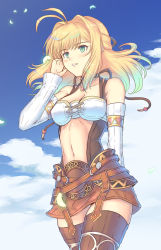 Rule 34 | 1girl, antenna hair, aqua hair, arm behind back, blonde hair, blue sky, blush, bra, breasts, brown skirt, brown thighhighs, cat with a brush, cleavage, cloud, collarbone, cowboy shot, day, detached sleeves, fiora (xenoblade), floating hair, gradient hair, green eyes, hair intakes, hand in own hair, highres, long hair, long sleeves, midriff, miniskirt, multicolored hair, navel, nintendo, outdoors, parted lips, ribbed legwear, skirt, sky, solo, standing, stomach, strapless, strapless bra, thighhighs, underwear, white bra, white sleeves, xenoblade chronicles (series), xenoblade chronicles 1, zettai ryouiki