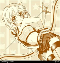 Rule 34 | 1girl, :&gt;, aircraft, airplane, alternate costume, arrow (projectile), bandaid, bandaid on face, bandeau, bow (weapon), commentary request, cosplay, crab, hair ribbon, kantai collection, looking at viewer, monochrome, navel, numbered, oboro (kancolle), pleated skirt, ribbon, short hair, shouhou (kancolle) (cosplay), shouhou (kancolle), skirt, solo, sumeragi hamao, sweatdrop, thighhighs, twitter username, weapon, yellow theme