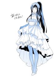 Rule 34 | 1girl, bad id, bad pixiv id, bare shoulders, blue theme, blunt bangs, collarbone, comic, dress, elbow gloves, fushitasu, gloves, high heels, hyuuga hinata, layered dress, long hair, looking at viewer, monochrome, naruto, naruto (series), pantyhose, parted lips, ponytail, smile, solo, translation request, white background