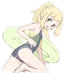 Rule 34 | 1girl, absurdres, blonde hair, creatures (company), from side, game freak, green eyes, grey one-piece swimsuit, highres, innertube, lillie (pokemon), long hair, looking to the side, nagitaro, nintendo, one-piece swimsuit, open mouth, pokemon, pokemon sm, ponytail, simple background, solo, swim ring, swimsuit, white background