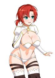 Rule 34 | 1girl, bikini, boots, boudica (fate), breasts, brown footwear, cleavage, fate/grand order, fate (series), green eyes, haruhisky, highres, large breasts, long sleeves, looking to the side, navel, o-ring, open mouth, red hair, short hair, short ponytail, shrug (clothing), smile, solo, swimsuit, thigh boots, thigh strap, thighhighs, thighhighs under boots, thighs, white bikini, white thighhighs
