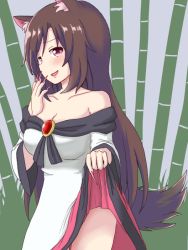 Rule 34 | 1girl, animal ears, bamboo, bare shoulders, blue background, breasts, brooch, brown hair, claws, cleavage, clothes lift, collarbone, dadamori, dress, hand on own face, imaizumi kagerou, jewelry, layered dress, lifted by self, long hair, looking at viewer, medium breasts, open mouth, outdoors, red eyes, sideways glance, skirt, skirt lift, solo, strapless, strapless dress, tail, touhou, very long hair, wolf ears, wolf tail
