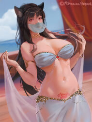 Rule 34 | 1girl, animal ears, arabian clothes, armlet, warrior of light (ff14), bandeau, blurry, blurry background, bracelet, breasts, brown hair, cat ears, choker, dutch angle, final fantasy, final fantasy xiv, head chain, highres, holy meh, jewelry, large breasts, lips, long hair, looking at viewer, miqo&#039;te, mouth veil, navel, pubic tattoo, red eyes, see-through, solo, strapless, tattoo, veil