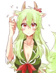 Rule 34 | 1girl, 6 (yuchae), animal ears, bow, breasts, cleavage, ex-keine, green hair, horn ornament, horn ribbon, horns, kamishirasawa keine, large breasts, long hair, looking up, red eyes, ribbon, solo, tail, touhou