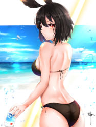 Rule 34 | 4min, absurdres, bad id, bad pixiv id, bare shoulders, bikini, black bikini, black hair, breasts, commentary request, day, fate/grand order, fate (series), from behind, head wings, highres, holding, large breasts, looking at viewer, ocean, ortlinde (fate), outdoors, red eyes, short hair, signature, solo, swimsuit, valkyrie (fate), wings