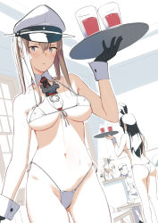 Rule 34 | 3girls, absurdres, animal ears, ass, bikini, black hair, blue eyes, blush, breasts, breasts apart, brown hair, covered erect nipples, cup, detached collar, drink, drinking glass, eight tohyama, embarrassed, fake animal ears, gloves, graf zeppelin (kancolle), groin, hair between eyes, hand up, hat, highres, holding, holding tray, indoors, kantai collection, legs, long hair, looking at viewer, medium breasts, multiple girls, navel, parted lips, rabbit ears, sitting, standing, string bikini, swimsuit, thighs, thong, tray, waitress, wrist cuffs