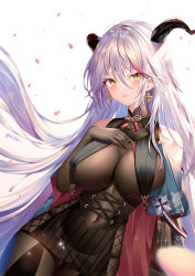 Rule 34 | 1girl, absurdres, aegir (azur lane), azur lane, bare shoulders, black skirt, bodystocking, breast curtains, breasts, brown gloves, cleavage, commentary request, covered navel, cowboy shot, cross, earrings, elbow gloves, gloves, hair between eyes, hand on own chest, high-waist skirt, highres, horns, impossible clothes, iron cross, jewelry, large breasts, long hair, multicolored hair, parted lips, petals, red hair, shan far, silver hair, simple background, skirt, smile, solo, straight hair, streaked hair, striped clothes, striped skirt, thigh gap, twitter username, two-tone hair, vertical-striped clothes, vertical-striped skirt, very long hair, white background, yellow eyes