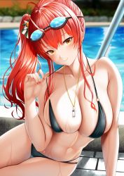 Rule 34 | 1girl, azur lane, bare shoulders, bikini, black bikini, blush, breasts, cleavage, closed mouth, collarbone, goggles, goggles on head, hair between eyes, large breasts, long hair, looking at viewer, navel, o-ring, o-ring bikini, pool, poolside, red hair, side ponytail, sidelocks, smile, strap pull, swimsuit, thighs, whistle, whistle around neck, yellow eyes, zara (azur lane), zara (poolside coincidence) (azur lane), zukky