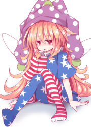 Rule 34 | 1girl, american flag, american flag dress, american flag legwear, american flag shirt, bad id, bad pixiv id, beni shake, blonde hair, blush, clownpiece, collar, dress, fairy, fairy wings, feet, frilled collar, frilled shirt collar, frills, full body, hat, jester cap, legs, long hair, looking at viewer, neck ruff, no shoes, open mouth, pantyhose, polka dot, red eyes, shirt, short sleeves, simple background, solo, star (symbol), striped clothes, striped dress, striped pantyhose, touhou, very long hair, white background, wings