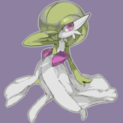 Rule 34 | 1girl, arm up, bob cut, bright pupils, colored skin, creatures (company), female focus, flat chest, full body, game freak, gardevoir, gen 3 pokemon, green hair, green skin, hair over one eye, looking to the side, lowres, multicolored skin, nintendo, one eye covered, outline, oyama yoihaya, pokemon, pokemon (creature), purple background, red eyes, short hair, simple background, solo, two-tone skin, white pupils, white skin