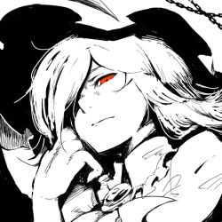 Rule 34 | 1girl, brooch, chain, daitai konna kanji, female focus, greyscale, hair over one eye, hand on own face, hat, head rest, high contrast, jewelry, looking at viewer, looking down, monochrome, portrait, red eyes, remilia scarlet, serious, solo, spot color, touhou