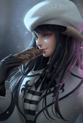 Rule 34 | 1girl, artist name, au ra, black hair, card, chuby mi, closed mouth, final fantasy, final fantasy xiv, gloves, hat, highres, horns, lips, long hair, looking at viewer, realistic, red eyes, scales, smile, solo, upper body