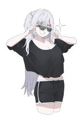 Rule 34 | 1girl, absurdres, adjusting eyewear, black shirt, blue eyes, breasts, cleavage, collarbone, commentary, cropped legs, deal with it (meme), dolphin shorts, girls&#039; frontline, grey eyes, grin, hair bobbles, hair ornament, heterochromia, highres, kuro (neural cloud), large breasts, long hair, mdr (girls&#039; frontline), meme, natawaru, one side up, pink eyes, shirt, shorts, simple background, smile, solo, sunglasses, symbol-only commentary, white background