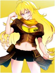 Rule 34 | 1girl, bike shorts, blonde hair, breasts, clenched hands, highres, long hair, looking at viewer, mityubi, navel, purple eyes, rwby, smile, solo, yang xiao long