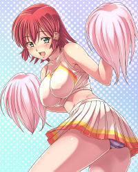 Rule 34 | 1girl, blush, breasts, cheerleader, e20, green eyes, hair ornament, highres, impossible clothes, impossible shirt, large breasts, midriff, panties, pom pom (cheerleading), quiz magic academy, red hair, ruquia, shirt, short hair, smile, solo, striped clothes, striped panties, underwear, upskirt