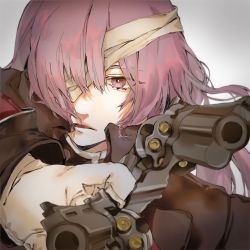Rule 34 | 1girl, bandage over one eye, bandages, commentary request, fate/grand order, fate (series), florence nightingale (fate), florence nightingale (third ascension) (fate), gloves, grey background, gun, handgun, highres, looking at viewer, military, military uniform, natume niji, parted lips, pink hair, pistol, red eyes, revolver, uniform, weapon, white gloves