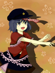 Rule 34 | 1girl, :d, black skirt, blue hair, brown background, cabbie hat, drop shadow, fang, hat, hat ornament, highres, jiangshi, light blush, looking at viewer, miyako yoshika, ofuda, open mouth, outstretched arms, pale skin, rinui, short hair, short sleeves, simple background, skirt, smile, solo, star (symbol), star hat ornament, touhou, wall, wallpaper (object), zombie pose