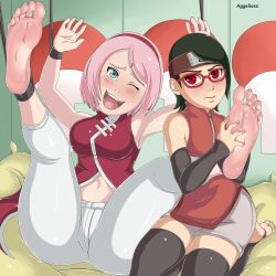 Rule 34 | 2girls, absurdres, aggelioss, armpits, artist name, bare shoulders, barefoot, black gloves, black thighhighs, blush, boruto: naruto next generations, bound, bound ankles, bound wrists, breasts, closed mouth, dress, elbow gloves, facial mark, feet, female focus, fingerless gloves, flat chest, foot focus, forehead mark, forehead protector, glasses, gloves, green eyes, hairband, haruno sakura, head tilt, highres, konohagakure symbol, legs up, looking at another, medium breasts, midriff, mother and daughter, multiple girls, naruto (series), navel, one eye closed, open mouth, panties, pink hair, red-framed eyewear, red dress, red eyes, red hairband, saliva trail, sharingan, short hair, shorts, shorts under dress, sitting, sleeveless, smile, soles, spread legs, stirrup legwear, tearing up, teeth, thick thighs, thighhighs, thighs, tickle torture, tickling, toeless legwear, toes, tongue, uchiha sarada, uchiha symbol, underwear, upper teeth only, white panties, white shorts, zipper, zipper pull tab