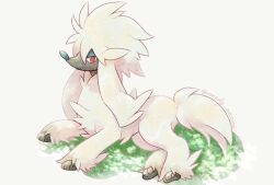 Rule 34 | animal focus, brown eyes, commentary request, creatures (company), full body, furfrou, game freak, gen 6 pokemon, grass, highres, looking to the side, lying, nintendo, no humans, pokemon, pokemon (creature), remedy matome, solo, white background, white fur