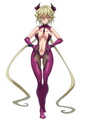 Rule 34 | 1girl, aged up, blonde hair, blue eyes, breasts, carol malus dienheim, closed mouth, clothing cutout, elbow gloves, gloves, gluteal fold, highres, large breasts, long hair, looking at viewer, mole, mole under eye, navel, navel cutout, senki zesshou symphogear, shiny skin, simple background, smile, solo, standing, syunzou, twintails, very long hair, white background