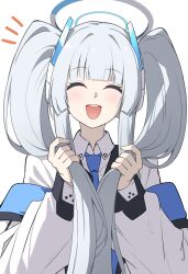 Rule 34 | 1girl, alternate hairstyle, blue archive, blue necktie, closed eyes, coat, commentary, facing viewer, halo, headgear, highres, holding, holding own hair, jacket, long hair, long sleeves, necktie, noa (blue archive), open mouth, puffy long sleeves, puffy sleeves, reia 76, shirt, simple background, smile, solo, teeth, twintails, upper body, upper teeth only, very long hair, white background, white coat, white hair, white halo, white jacket, white shirt