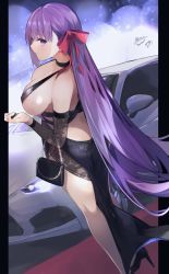 Rule 34 | 1girl, absurdres, ass, bare shoulders, bb (fate), bb (fate/extra), black dress, blush, breasts, car, cleavage, covered erect nipples, detached sleeves, dress, fate/extra, fate/extra ccc, fate (series), high heels, highres, large breasts, long hair, looking at viewer, motor vehicle, purple eyes, purple hair, red ribbon, ribbon, sideboob, smile, solo, tomochi (tmc tmc8)