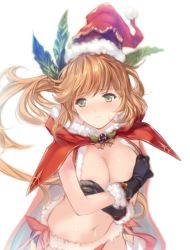 Rule 34 | 10s, 1girl, alternate costume, areola slip, black gloves, breasts, cape, christmas, clarisse (granblue fantasy), covering privates, covering breasts, embarrassed, gloves, granblue fantasy, green eyes, hat, large breasts, light brown hair, long hair, looking at viewer, midriff, min-naraken, miniskirt, navel, ponytail, santa hat, skirt, solo, wavy hair