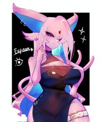 Rule 34 | animal ears, belt, blue hair, breasts, cleavage, closed eyes, colored sclera, creatures (company), dress, ear piercing, espeon, forehead jewel, furry, furry female, game freak, gen 2 pokemon, highres, large breasts, long hair, looking at viewer, multicolored hair, navel, nintendo, piercing, pink fur, pink hair, pokemon, pokemon (creature), purple eyes, purple sclera, red nails, side slit, smile, split tail, tail, thick thighs, thigh belt, thigh strap, thighs, togetoge, wide hips