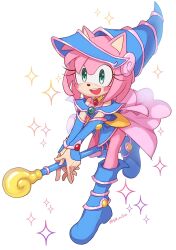 Rule 34 | 1girl, alternate costume, amy rose, animal ears, artist name, bare shoulders, blue footwear, blue headwear, blue shirt, blue sleeves, boots, brooch, cosplay, dark magician girl, dark magician girl (cosplay), detached sleeves, full body, furry, furry female, green eyes, hexagram, highres, jewelry, konjiki ringo, looking at viewer, open mouth, pink skirt, shirt, simple background, skirt, solo, sonic (series), star of david, teeth, upper teeth only, white background, yu-gi-oh!