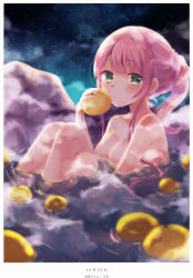 Rule 34 | 1girl, absurdres, breasts, cleavage, collarbone, emilio (artist), emilion, eyebrows, food, fruit, green eyes, highres, holding, holding food, holding fruit, long hair, looking at viewer, medium breasts, night, nude, onsen, original, outdoors, partially submerged, pink hair, ponytail, sitting, solo, steam, yuzu (fruit)