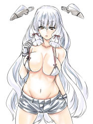 Rule 34 | aged up, alternate breast size, bikini, bikini top only, breasts, gloves, hair between eyes, hakkai, highres, kantai collection, large breasts, long hair, murakumo (kancolle), red eyes, short shorts, shorts, silver hair, simple background, solo, swimsuit, twintails, very long hair, white background, white gloves