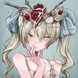 Rule 34 | 1girl, bare shoulders, blonde hair, blue background, blue bow, blue eyes, bow, bra, cake, cake slice, cherry, cupcake, empty eyes, english text, finger in own mouth, food, fork, fruit, glass bottle, hair bow, hand up, highres, key, knife, long hair, looking at viewer, original, pocket watch, simple background, solo, strawberry, tag, twintails, underwear, upper body, watch, white bra, worm, yumeko (devilxkid)