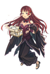 Rule 34 | breasts, cleavage, dress, fingerless gloves, gloves, katou akatsuki, large breasts, long hair, red hair, sandals, simple background, solo, treasure chest, white background