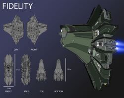 Rule 34 | 3d, abyssal-specter, battleship (eve online), commentary, concept art, eve online, from side, glowing, gradient background, highres, military vehicle, multiple views, original, science fiction, spacecraft, spaceship, thrusters, vehicle focus