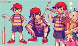 Rule 34 | 1girl, 3boys, backpack, bag, baseball bat, baseball cap, black hair, blonde hair, bow, bowtie, copyright name, cup, disposable cup, dress, drinking straw, drinking straw in mouth, freckles, glasses, hat, highres, holding, holding cup, jacket, jeff andonuts, kwsby 124, male focus, mother (game), mother 2, multiple boys, multiple views, ness (mother 2), nintendo, opaque glasses, open mouth, paula (mother 2), pink dress, poo (mother 2), red footwear, red headwear, shirt, shoes, short sleeves, shorts, simple background, sneakers, socks, squatting, standing, star (symbol), striped clothes, striped shirt, v, white socks