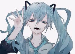 Rule 34 | 1girl, bare shoulders, blue eyes, blue hair, blue lips, detached sleeves, hair ornament, hatsune miku, highres, ikurauni, long hair, long sleeves, looking at viewer, necktie, open mouth, simple background, solo, teeth, twintails, very long hair, vocaloid, white background