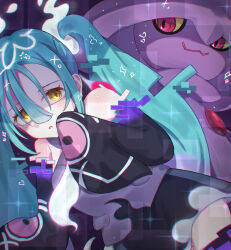 Rule 34 | 1girl, absurdres, aqua hair, creatures (company), detached sleeves, game freak, gen 4 pokemon, ghost, ghost miku (project voltage), glitch, grey shirt, hair between eyes, hatsune miku, highres, long hair, mismagius, necktie, nintendo, pokemon, pokemon (creature), project voltage, shirt, skirt, sleeves past fingers, sleeves past wrists, tomu (adamu shiny), twintails, very long hair, vocaloid, will-o&#039;-the-wisp (mythology), yellow eyes