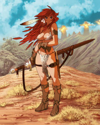 Rule 34 | 1girl, armor, bare shoulders, bikini, bikini armor, blue sky, breasts, cleavage, cloud, feathers, female focus, floating hair, full body, gloves, highres, long hair, looking at viewer, outdoors, purple eyes, red hair, red sonja, sky, smile, solo, standing, swimsuit, sword, toshinho, tsurime, weapon
