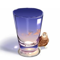 Rule 34 | animal focus, bird, chai (drawingchisanne), claws, cloud, commentary, cup, double exposure, glass, hawk, no humans, original, shadow, signature, simple background, sky, sunset, undersized animal, white background