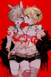 Rule 34 | 2girls, animal ears, arm around neck, bad id, bad pixiv id, bare shoulders, belt, black bra, black choker, black shorts, blonde hair, blue eyes, bra, bracelet, breasts, choker, cleavage, copyright request, ear licking, ear piercing, earrings, fangs, fingernails, grey hair, hair over one eye, halterneck, jewelry, laina (show by rock!!), licking, looking at viewer, mamaloni, multiple girls, nail polish, navel, necklace, off-shoulder shirt, off shoulder, one eye covered, open mouth, piercing, purple nails, red background, ring, shirt, short shorts, short sleeves, shorts, show by rock!!, simple background, skindentation, slit pupils, spiked bracelet, spikes, standing, thighhighs, torn clothes, torn shirt, underwear, yellow eyes, yuri