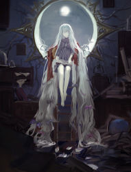 Rule 34 | 1girl, absurdly long hair, barefoot, bell jar, book, bow, chair, closed eyes, dress, full body, full moon, globe, hair bow, indoors, kkia, ladder, lantern, long hair, messy, moon, night, open book, original, pale skin, papers, plant roots, purple dress, reading, rolled up paper, room, round window, shelf, sitting, sitting in window, sky, solo, very long hair, white hair, window