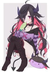 Rule 34 | 1girl, absurdres, ahoge, arm support, bare shoulders, black dress, black hair, black thighhighs, breasts, candy, cleavage, collarbone, commentary request, demon horns, demon tail, dress, food, grey background, hair over one eye, highres, holding, holding candy, holding food, holding lollipop, horns, lace, lace-trimmed dress, lace trim, lollipop, long hair, long sleeves, looking at viewer, medium breasts, multicolored hair, nijisanji, no shoes, pink hair, purple eyes, racchi., sitting, sleeves past fingers, sleeves past wrists, solo, striped clothes, striped thighhighs, swirl lollipop, tail, thighhighs, thighhighs pull, two-tone background, two-tone hair, vertical-striped clothes, vertical-striped thighhighs, very long hair, virtual youtuber, white background, yamiyono moruru