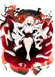 Rule 34 | 10s, 1girl, abyssal ship, bare legs, breasts, cleavage, covered mouth, crossed legs, dress, horns, kantai collection, large breasts, legs, long hair, looking at viewer, midway princess, natsume eri, pale skin, red eyes, simple background, sitting, solo, very long hair, white background, white dress, white hair