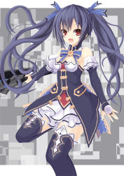 Rule 34 | 10s, 1girl, bare shoulders, black hair, blush, breasts, cleavage, hair ornament, hair ribbon, long hair, looking at viewer, neptune (series), noire (neptunia), norapan, open mouth, red eyes, ribbon, small breasts, smile, solo, twintails