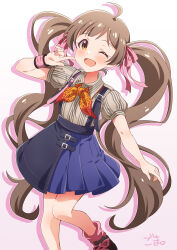 Rule 34 | 1girl, ;d, ahoge, artist name, blush, brown eyes, brown hair, brown shirt, denim, denim skirt, finger to mouth, goma konbu, gradient background, hair ribbon, hakozaki serika, handkerchief, highres, idolmaster, idolmaster million live!, idolmaster million live! theater days, layered skirt, long hair, looking at viewer, one eye closed, open mouth, pink background, pink ribbon, pink socks, pleated skirt, ribbon, shirt, shoes, short sleeves, simple background, skirt, smile, sneakers, socks, solo, standing, striped clothes, striped shirt, summit reburn (idolmaster), suspender skirt, suspenders, twintails, very long hair, wristband