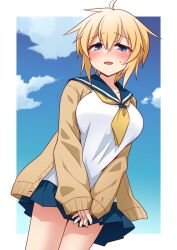 Rule 34 | 1girl, ahoge, blue eyes, blue sailor collar, blue skirt, blue sky, blush, breasts, brown cardigan, cardigan, cloud, commentary, copyright request, day, hair between eyes, highres, ikune juugo, large breasts, long sleeves, looking at viewer, neckerchief, open cardigan, open clothes, open mouth, own hands together, pleated skirt, puffy long sleeves, puffy sleeves, sailor collar, school uniform, serafuku, shirt, skirt, sky, sleeves past wrists, solo, sweat, white shirt, yellow neckerchief