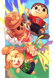 Rule 34 | 1boy, 1girl, aircraft, animal crossing, animal ears, blue sky, blush stickers, chair, contrail, day, dog ears, dog girl, dog tail, gyroid (animal crossing), hair tie, holding, hungry clicker, isabelle (animal crossing), nintendo, sandals, shirt, short hair, short sleeves, shorts, skirt, sky, smile, super smash bros., tail, topknot, tree, villager (animal crossing)