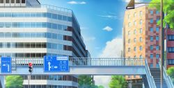Rule 34 | blue sky, building, city, cityscape, cloud, commentary request, fence, isbeyvan, japan, lamppost, no humans, original, outdoors, pedestrian bridge, road sign, scenery, sign, sky, traffic light, tree, window