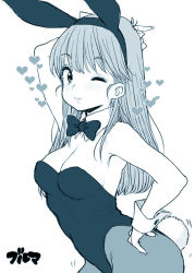 Rule 34 | 1girl, animal ears, bare shoulders, bow, bowtie, breasts, bulma, cleavage, detached collar, dragon ball, dragonball z, fake animal ears, female focus, heart, leotard, long hair, looking at viewer, medium breasts, monochrome, one eye closed, pantyhose, playboy bunny, ponsuke (pon00000), rabbit ears, rabbit tail, smile, solo, strapless, strapless leotard, tail